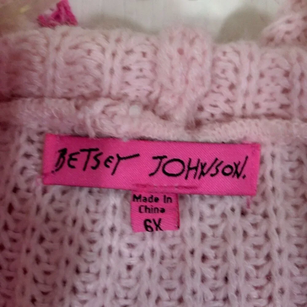 Betsey Johnson Girls 6X Cardigan Hooded Sweater Pink Open Front Sequin Star